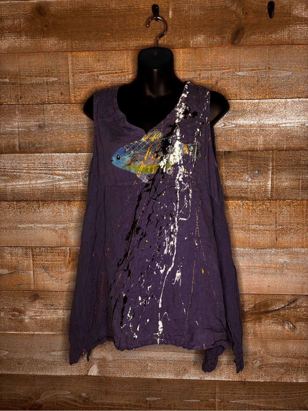 Odile 100% linen rare fish painted Blue Paint-Splatter Tunic top boho beach